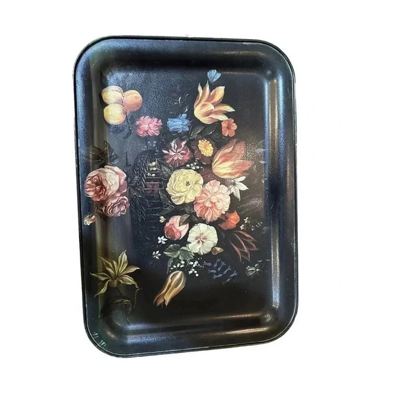 Vintage Metal Tray Black Floral Flowers Breakfast Lap Serving Work‎ Tray - Picture 2 of 6